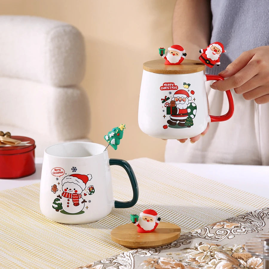 Christmas Ceramic Coffee Mug with Lid, Spoon and Gift Box, 400ml Holiday Cup in Santa Claus, Snowman, Christmas Gift or Christmas Deer Designs