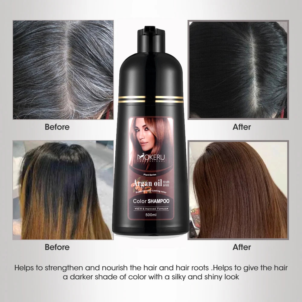 Hair Dye Shampoo by Mokeru with Listed Argan Oil, Black Brown Red Purple and Silver Gray Shade Options for Adult At-Home Hair Coloring Routines