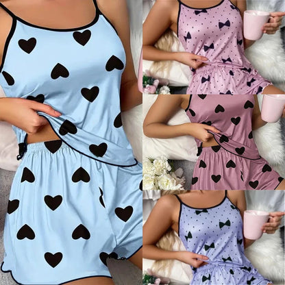 Women's Heart Print Pajama Set with Round Neck Top and Shorts, Polyester Summer Sleepwear for Relaxing at Home in Purple or Blue, Sizes M to XL