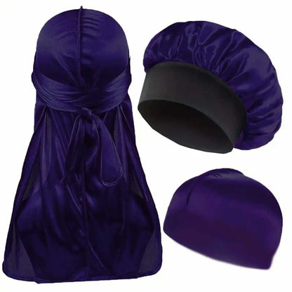 Durag Bonnet and Dome Cap Set, Listed Three-Piece Solid-Color Satin Headwear with Elastic Night Cap Reference for Adult Hair Wrap Routines and Casual Styling
