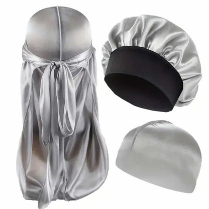 Durag Bonnet and Dome Cap Set, Listed Three-Piece Solid-Color Satin Headwear with Elastic Night Cap Reference for Adult Hair Wrap Routines and Casual Styling