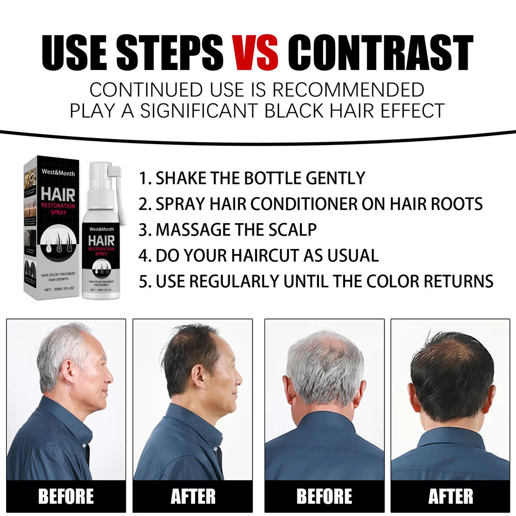 Gray Hair Coverage Spray with Black Color and Serum References, Single or Promotional Purchase Labels for Cosmetic Gray and White Hair Appearance Care