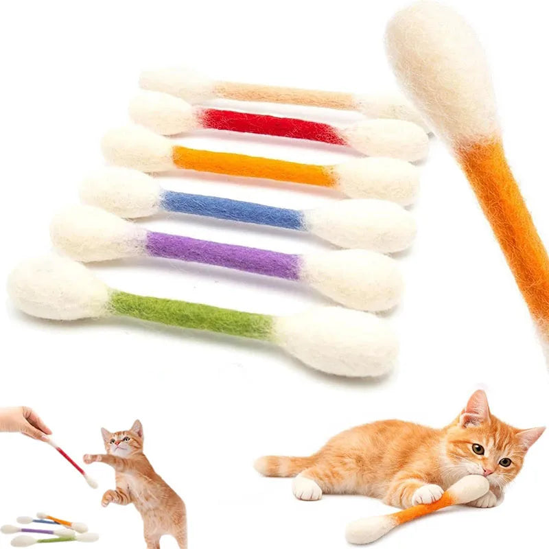 Catnip Kicker Sticks in Cotton Swab Shape, 6-Piece Felt Cat Toy Set for Supervised Indoor Batting and Kicking Play with Seven Color Option Labels