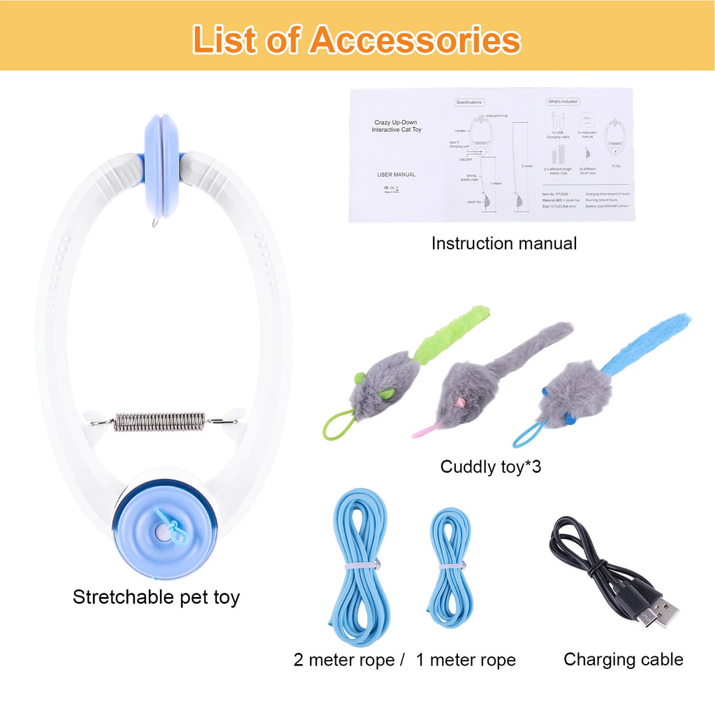Rechargeable Door Hanging Cat Toy with Three Modes, Retractable Teaser Rope and Three Catnip Mouse Accessories, Blue Indoor Toy for Supervised Play