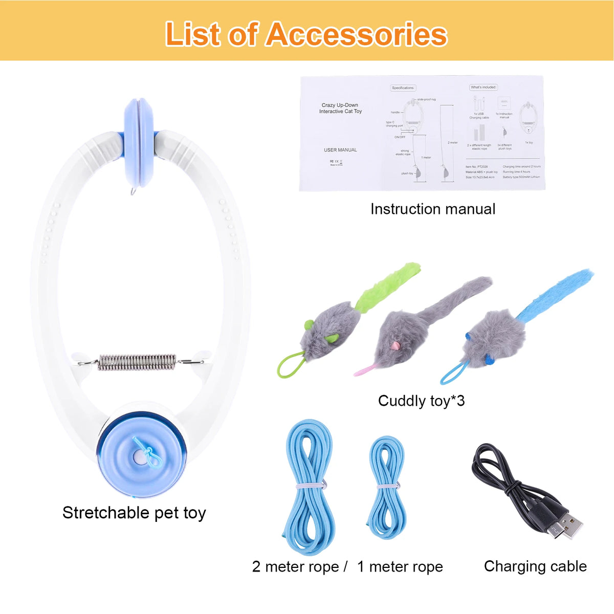 Rechargeable Door Hanging Cat Toy with Three Modes, Retractable Teaser Rope and Three Catnip Mouse Accessories, Blue Indoor Toy for Supervised Play