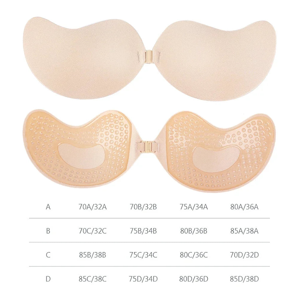 Backless Strapless Adhesive Bra for Women with Silicone Cups and Front Closure, Reusable Wire-Free Design in Black or Skin Tone, A–D Sizes