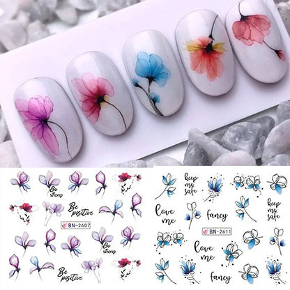 Water Transfer Nail Decals, BN2605-2616 Nail Art Slider Stickers for DIY Manicure Decoration, At-Home Styling and Seasonal Nail Design Ideas