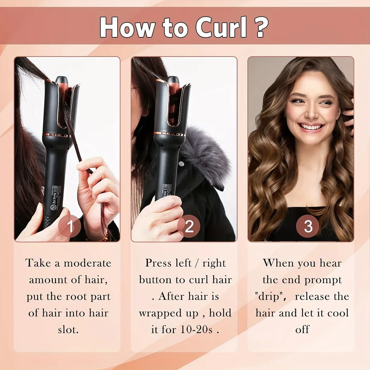 Auto-Rotating Ceramic Curling Iron by TINSOL, 34W Plug-In Hair Styler with Three Heat Settings, Tourmaline Ceramic Heating Surface and 2-Meter Cord