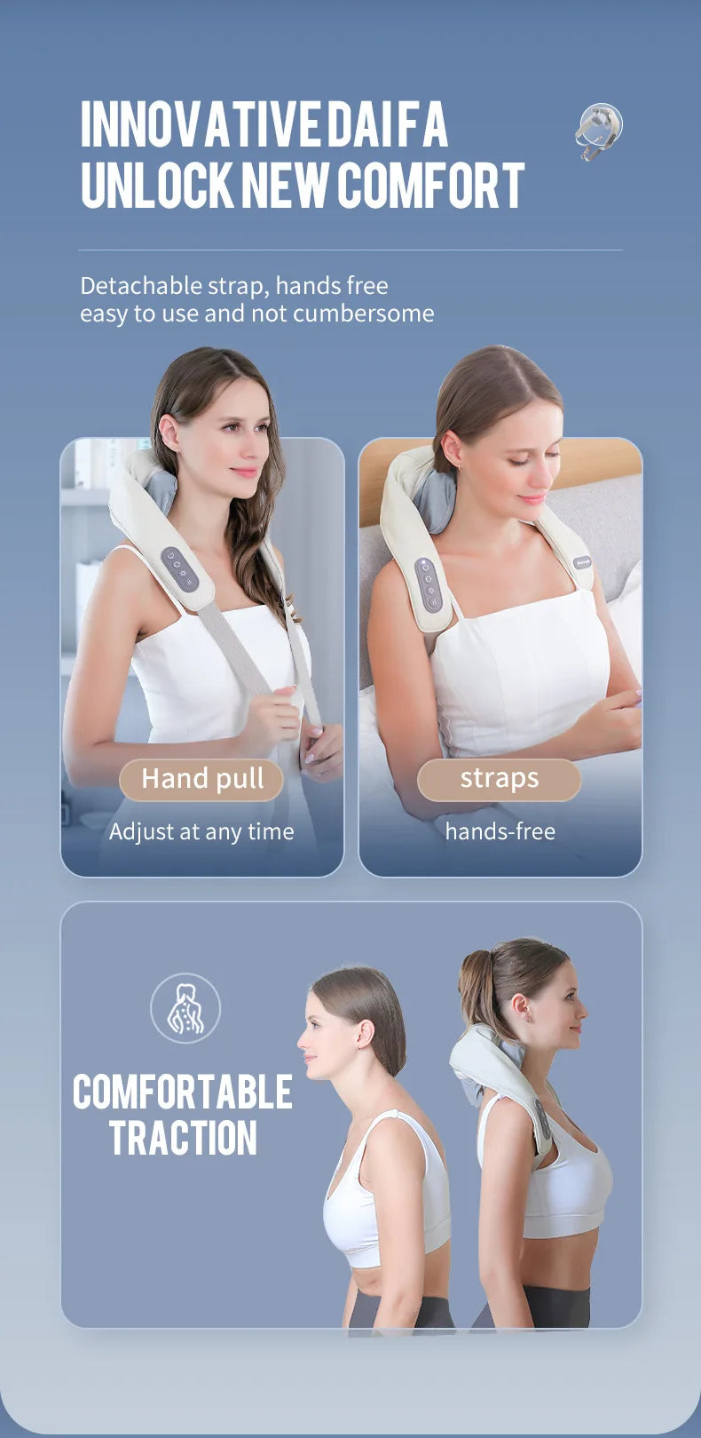 Rechargeable Neck and Shoulder Massage Shawl with Listed Two Modes, Adjustable Straps and Back Buckle, 20W or 26W Kneading Models in White, Grey and Brown Options