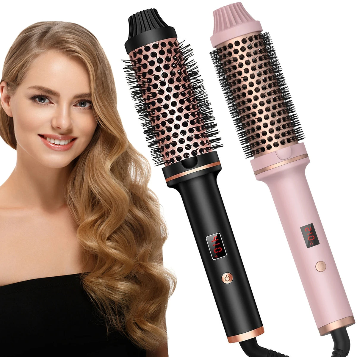 Heated Curling Brush with LCD Display and Listed 60-Minute Auto-Off, Black or Pink Thermal Hair Styler with Four Regional Plug Choices and No Hot-Air Function