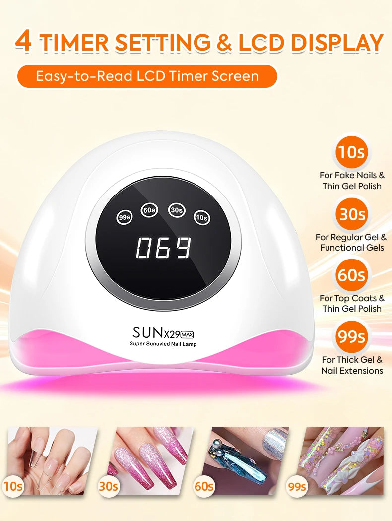 DianaBeauty Gel Curing Lamp Options with SUN X29 MAX Listed 90 LEDs, Infrared Sensor and Four Timers, Nine Model Labels and US, EU, AU or UK Plug Choices