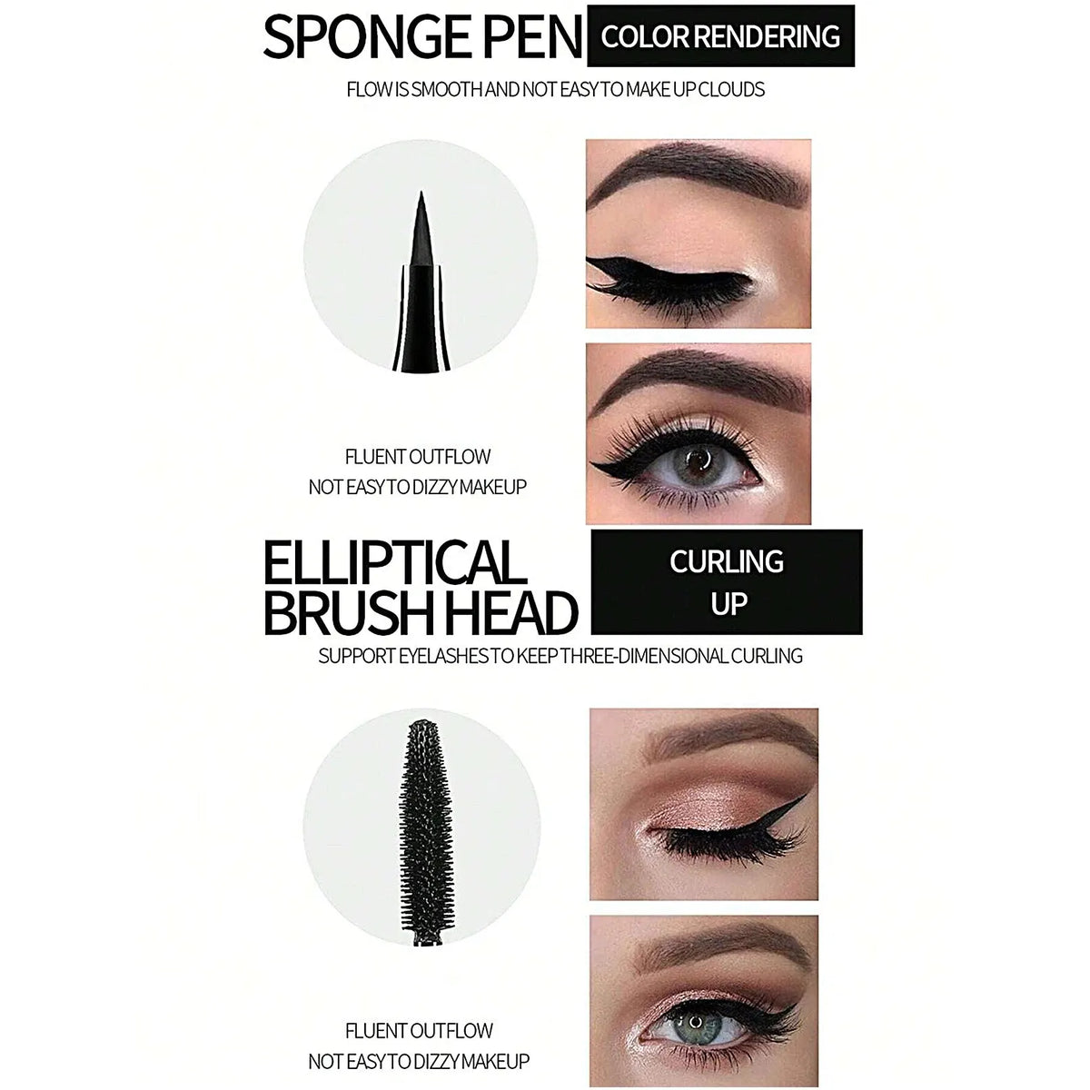 Eyeliner and Mascara Set by YANQINA with Eyebrow Pencil, Liquid Eye Liner and Volumizing Curl-Look Mascara for Everyday and Evening Makeup