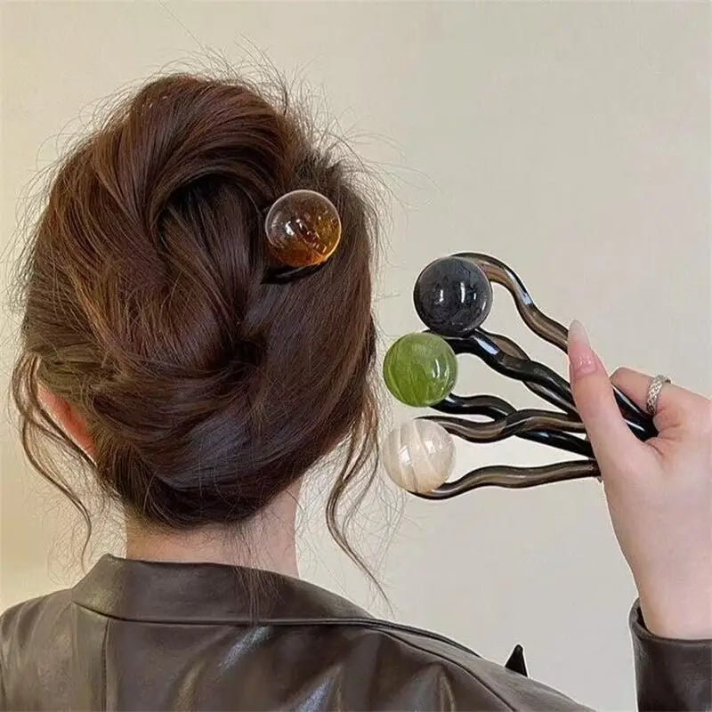 U-Shaped Hair Fork in Acrylic for Women's Bun and Updo Styling, Decorative Hair Stick with Green, Brown, Grey and Beige Labels Plus a Four-Piece Option