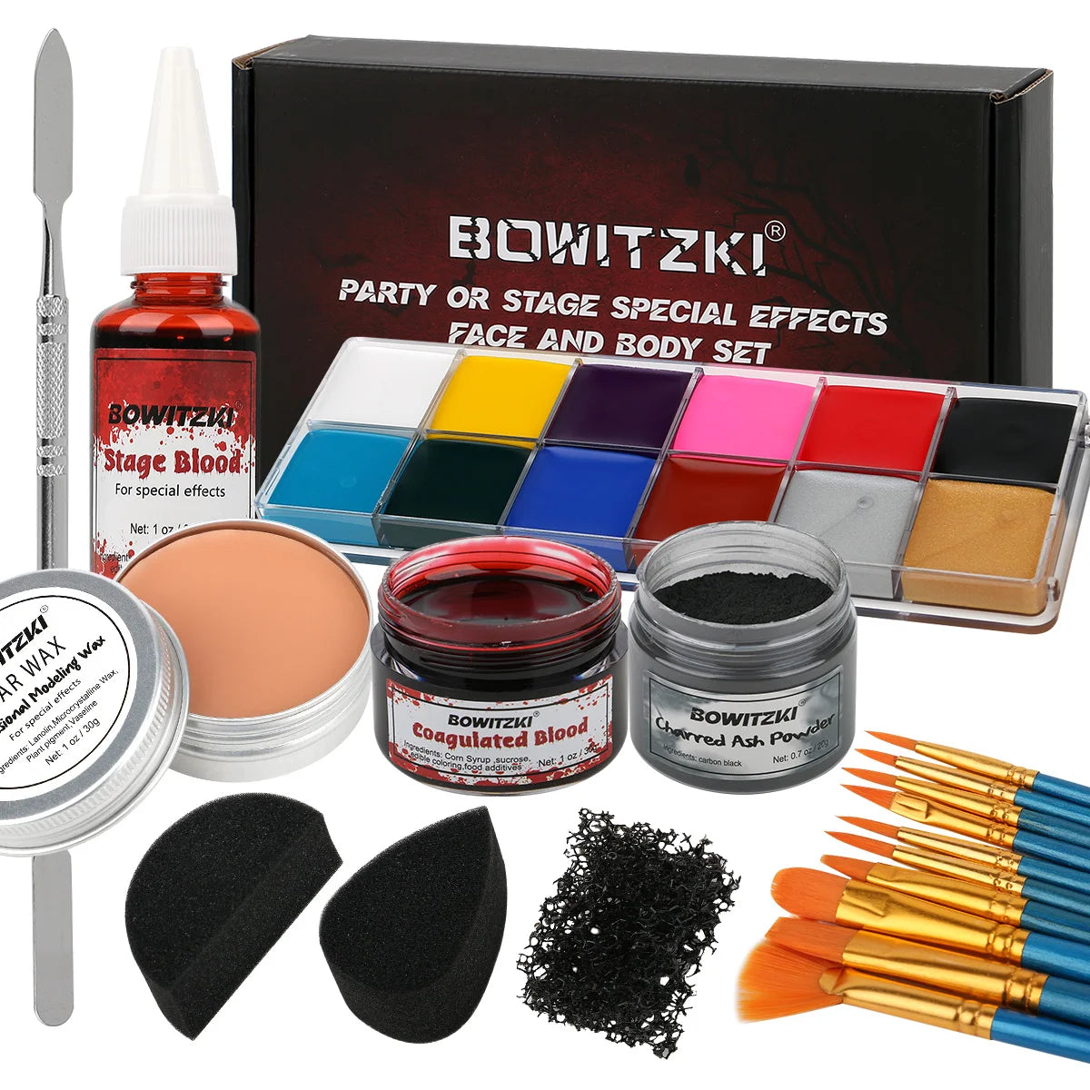 Halloween SFX Makeup Set by Bowitzki with Fake Blood, Scar Wax and Charred Ash Powder References for Simulated Costume Effects, Cosplay and Stage Looks