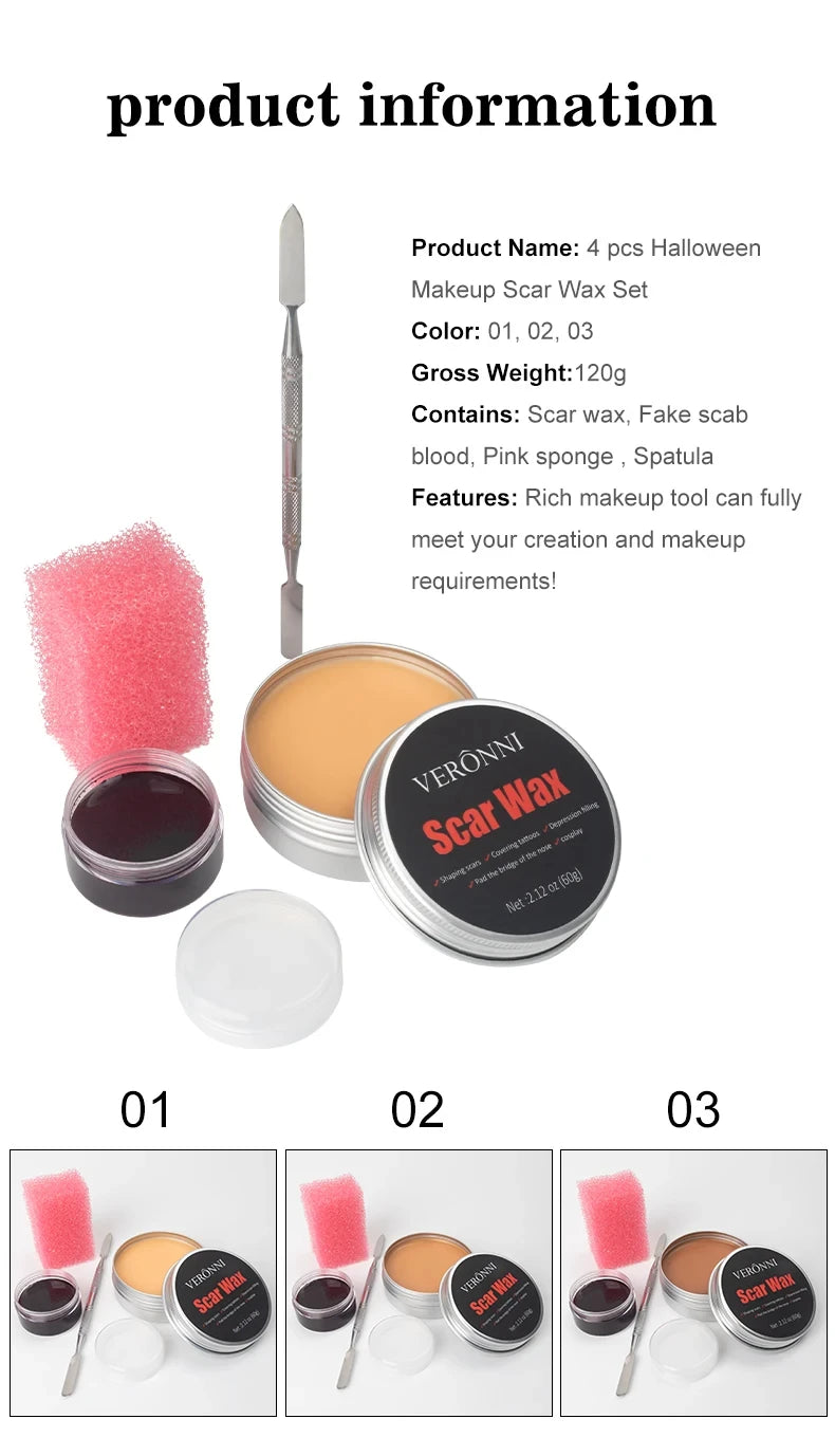 Scar Wax SFX Makeup Options with Listed 60g Wax and Light, Natural or Dark Skin Shade References for Halloween Costumes, Stage and Simulated Wound Effects