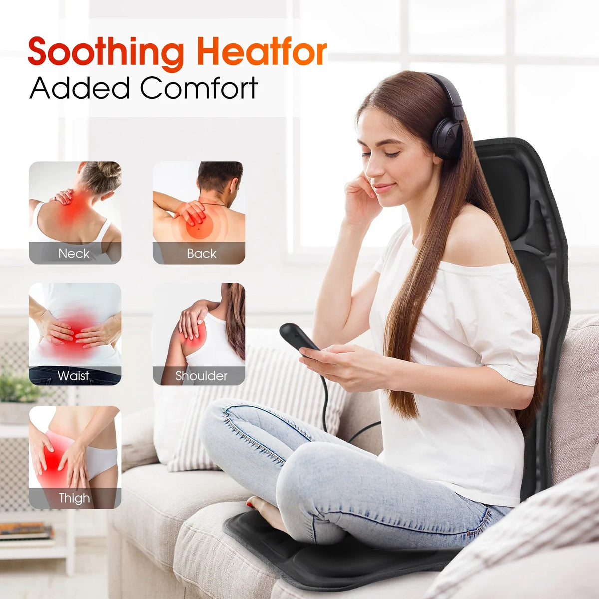 Heated Vibration Seat Massager Type B with Seven Listed Motors, Eight Modes, Three Intensity Levels and 15 or 30 Minute Timers for Home Office Relaxation