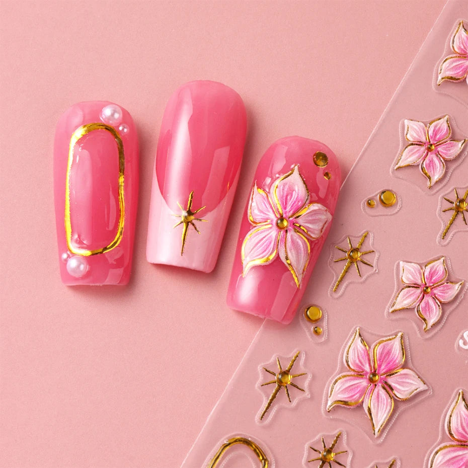 Hibiscus Flower Nail Stickers with Embossed Pink Floral and Golden Ring Details, 2-Piece 5D155 Self-Adhesive Decal Set for DIY Manicures and Party Nail Art