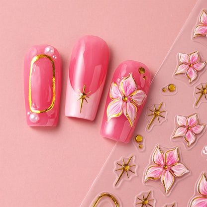 Hibiscus Flower Nail Stickers with Embossed Pink Floral and Golden Ring Details, 2-Piece 5D155 Self-Adhesive Decal Set for DIY Manicures and Party Nail Art