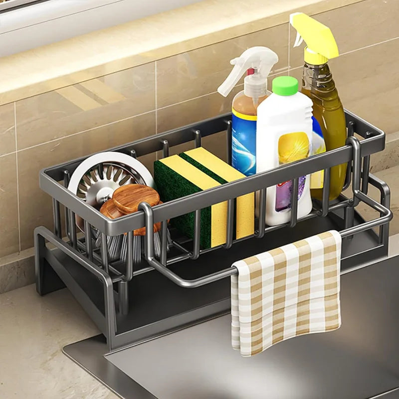 Kitchen Sink Organizer in Carbon Steel with Tilted Water Tray, Listed 23 x 9 x 10 cm Sponge and Brush Storage Rack for Sink-Side Kitchen Organization