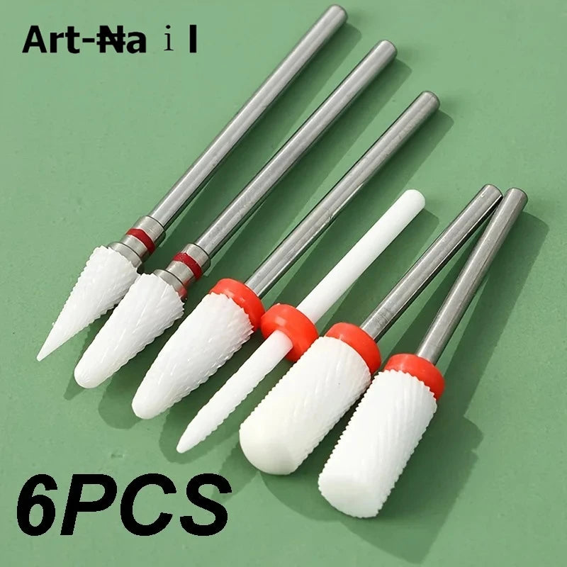 Ceramic Nail Drill Bits Set, 6-Piece Milling Cutter Accessories with Flame and Corn Shape References for Electric Manicure and Pedicure Tools
