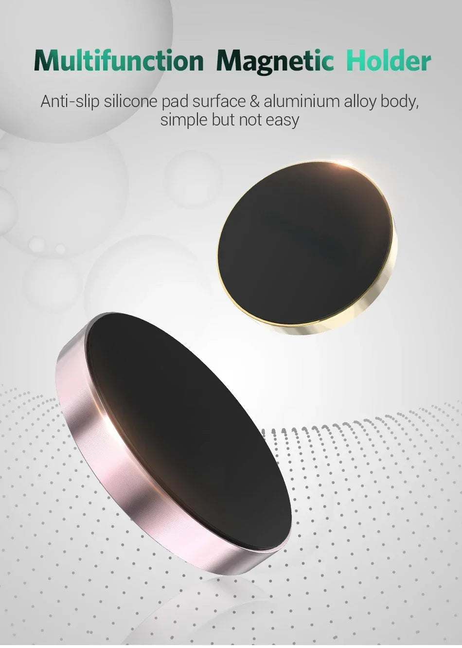 Magnetic Car Phone Holder with Fixed or 360-Degree Rotating Model Options, Dashboard and Wall Mounting References in Black, Silver, Gold and Rose Gold