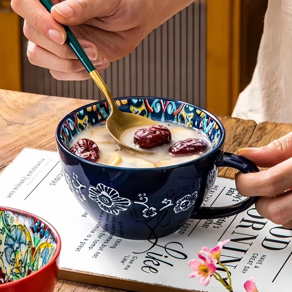 Bohemian Ceramic Coffee Mug with Hand-Painted Style Reference, Dark Red, Green, Blue and Yellow Cup Options Plus Coded Selection for Tea Breaks and Kitchen Gifts