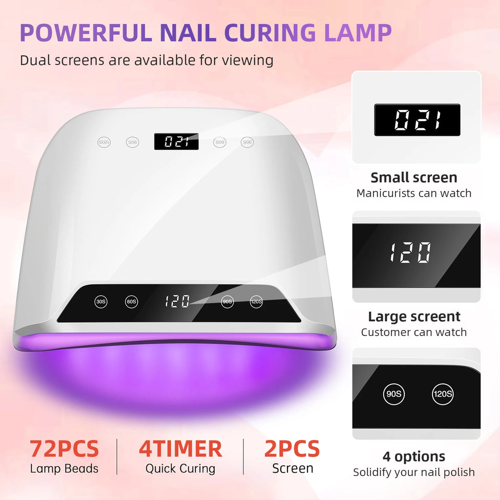 72-LED Gel Nail Curing Lamp with Four Timer Settings, Digital Touch Display, Automatic Hand Sensor and Detachable Base, White with US or EU Plug Options