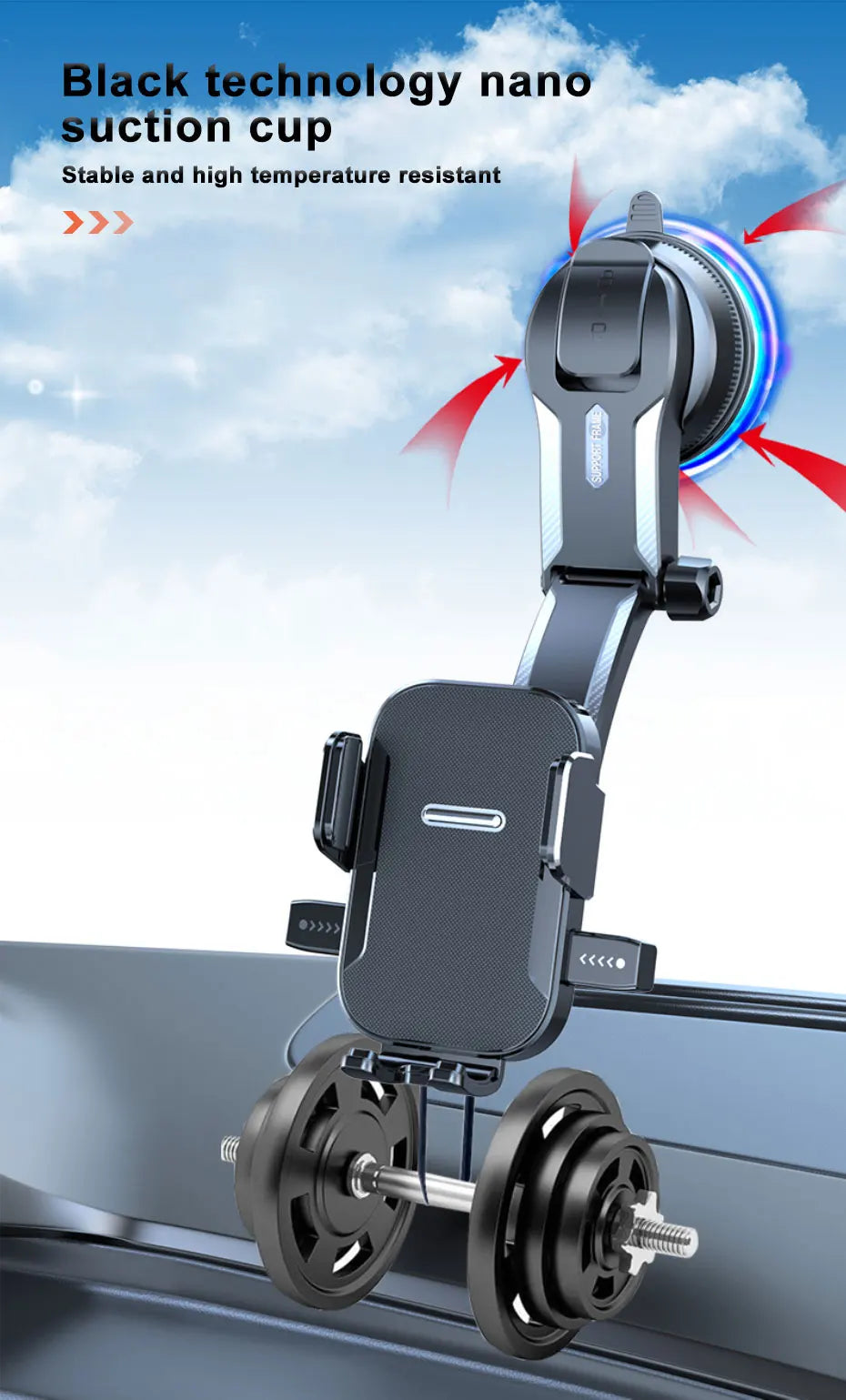 SEAMETAL Dashboard Phone Holder with Adjustable Cradle and Quick-Release Button, Listed 180-Degree Tilt, Mirrored or Textured Options for Compatible 3–7 Inch Phones