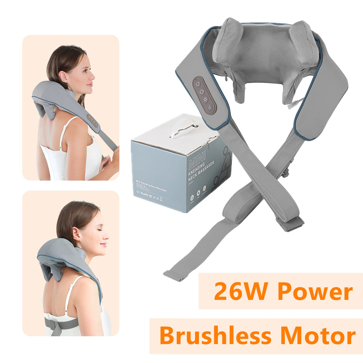 Rechargeable Neck and Shoulder Massage Shawl with Listed Two Modes, Adjustable Straps and Back Buckle, 20W or 26W Kneading Models in White, Grey and Brown Options