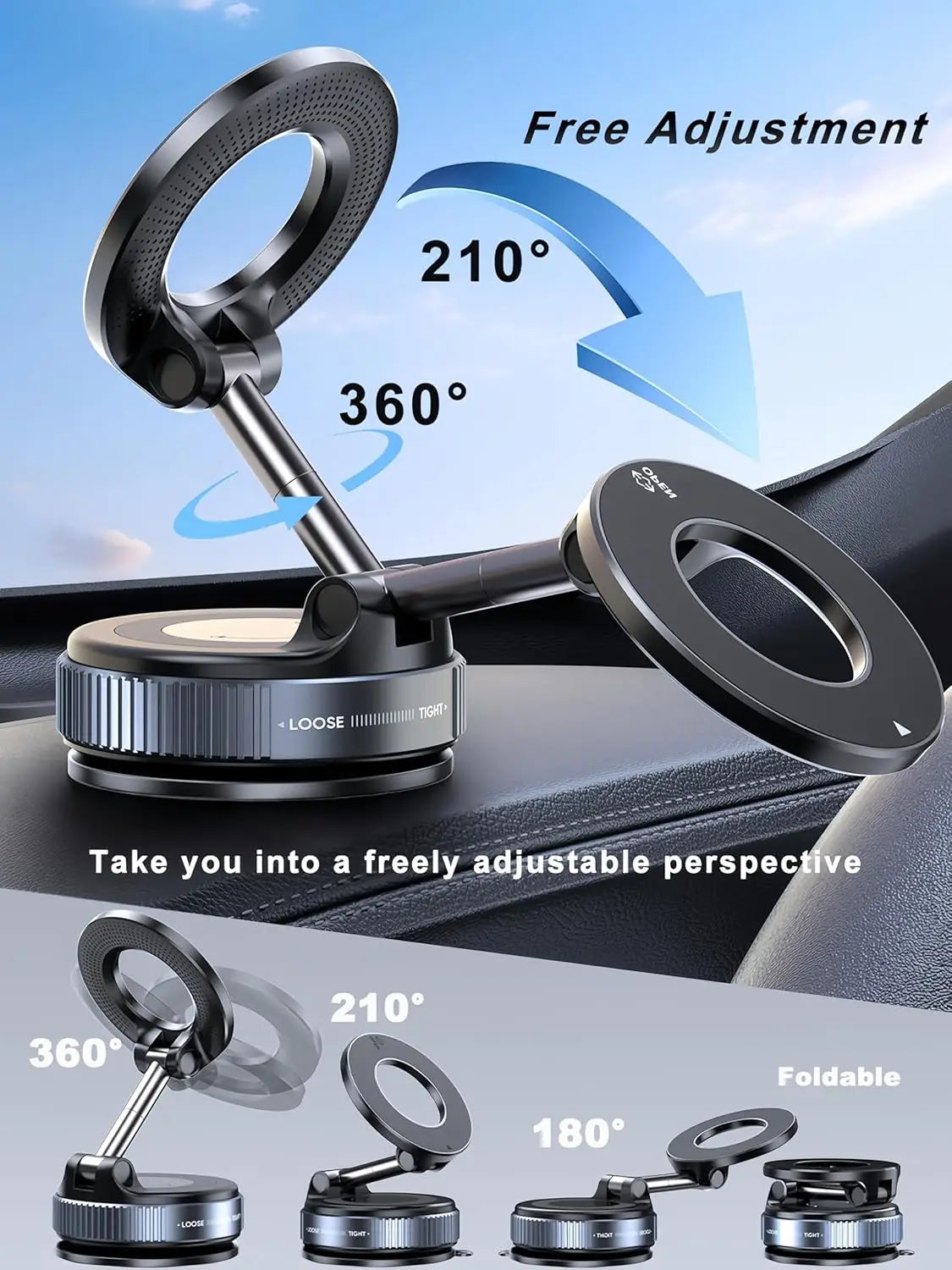 Folding Magnetic Phone Holder, 360° Rotating Vacuum Suction Mount in Black or White for Compatible Car Dashboards, Windshields and Desktop Phone Positioning