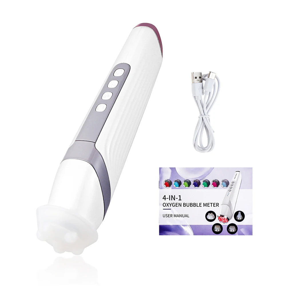 Four-Head Bubble Facial Pen in White with Silicone Massage Tips, Five Vibration and Spin Levels, Eight LED Modes and Type-C Rechargeable Design