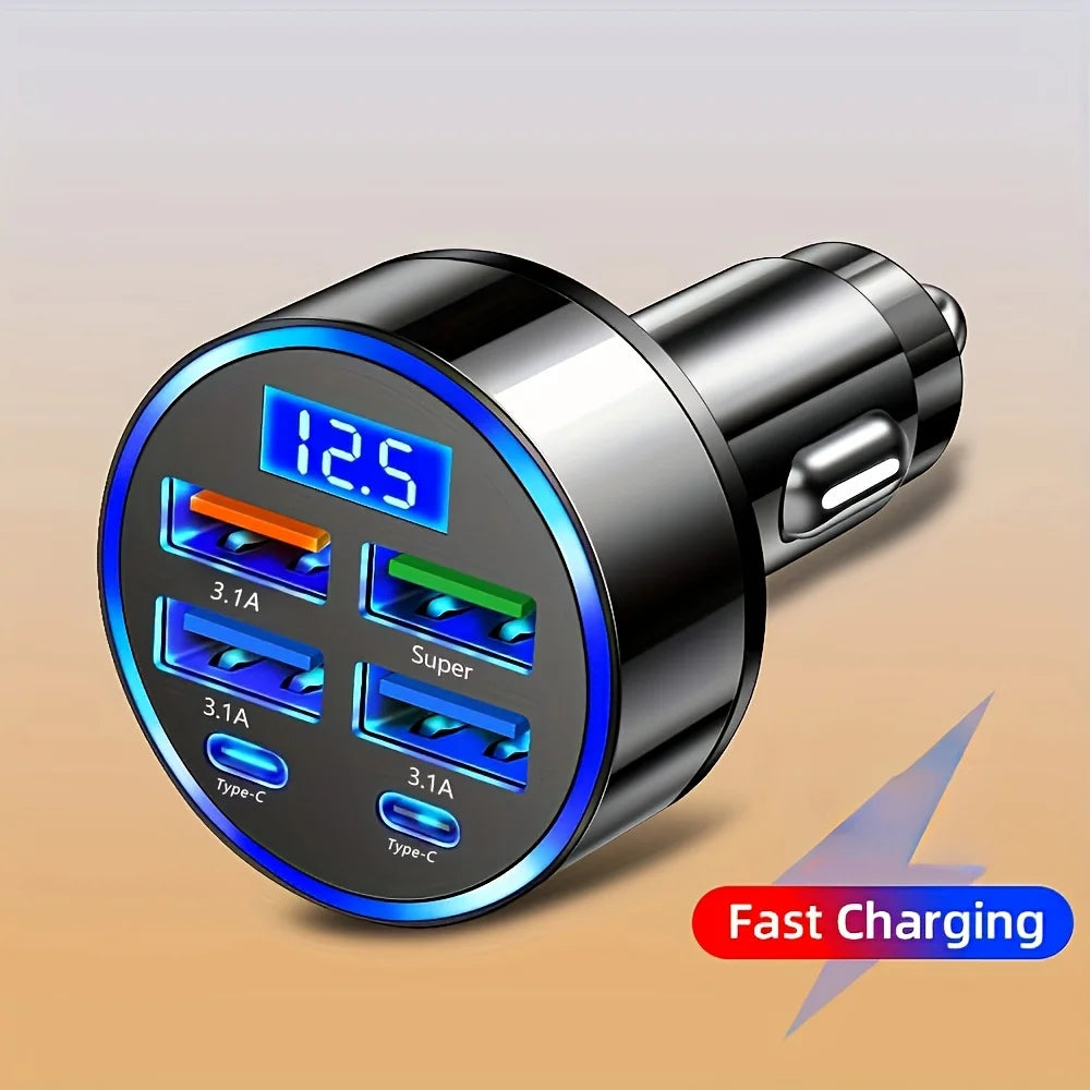 Dual Type-C Car Charging Adapter, Black Charger with Digital Display and Listed 6-in-1 Format and 3.1A Rating for Compatible Phones, Tablets and Power Banks