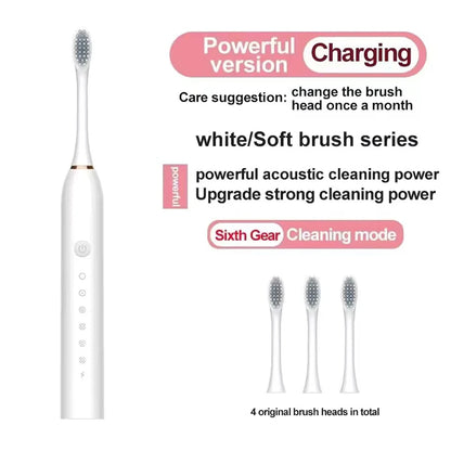 USB Rechargeable Electric Toothbrush for Adults, X3 Six-Mode Soft Bristle Brush with Two-Minute Cycle, 30-Second Reminders and Four-Head Option Labels