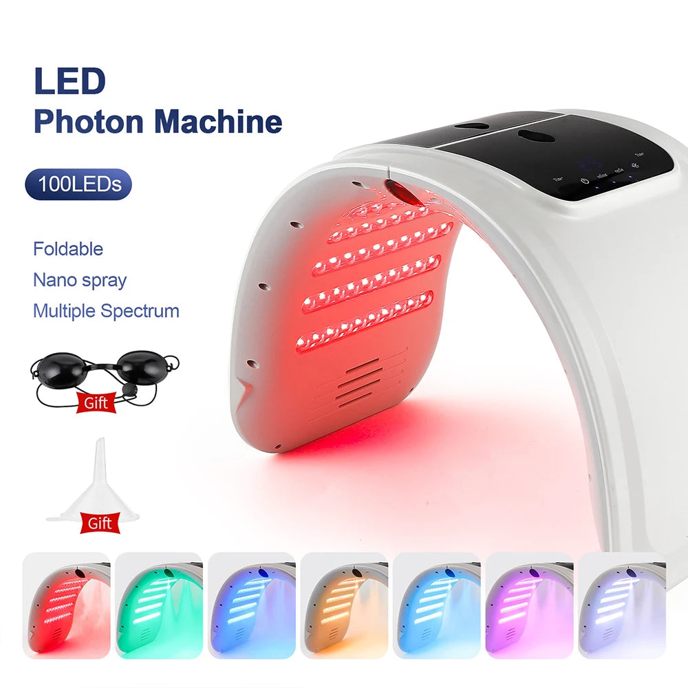 LED Beauty Machine with Nano Spray, Foldable Design, Seven-Color Reference, 100 LEDs and Touch Controls in US, EU, UK or AU Plug Options for Cosmetic Care