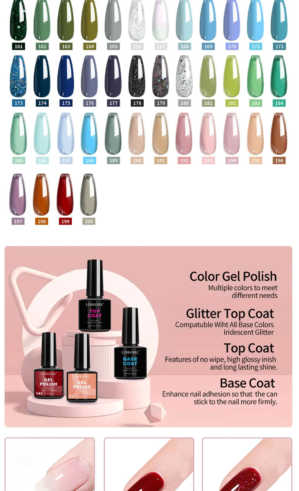 USB UV Lamp Gel Polish Kit by LIMEGIRL, 8ml Semi-Permanent Soak-Off Nail Polish with Listed Base and Top Coat for DIY Manicure and Nail Art