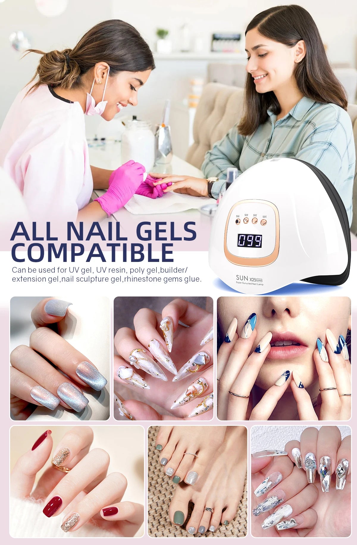 Gel Nail Curing Lamp with Four Timers, Auto Sensor and Removable Tray, Listed 81-LED SUN X25 MAX Specifications and X23, X25, X26 or X27 Options