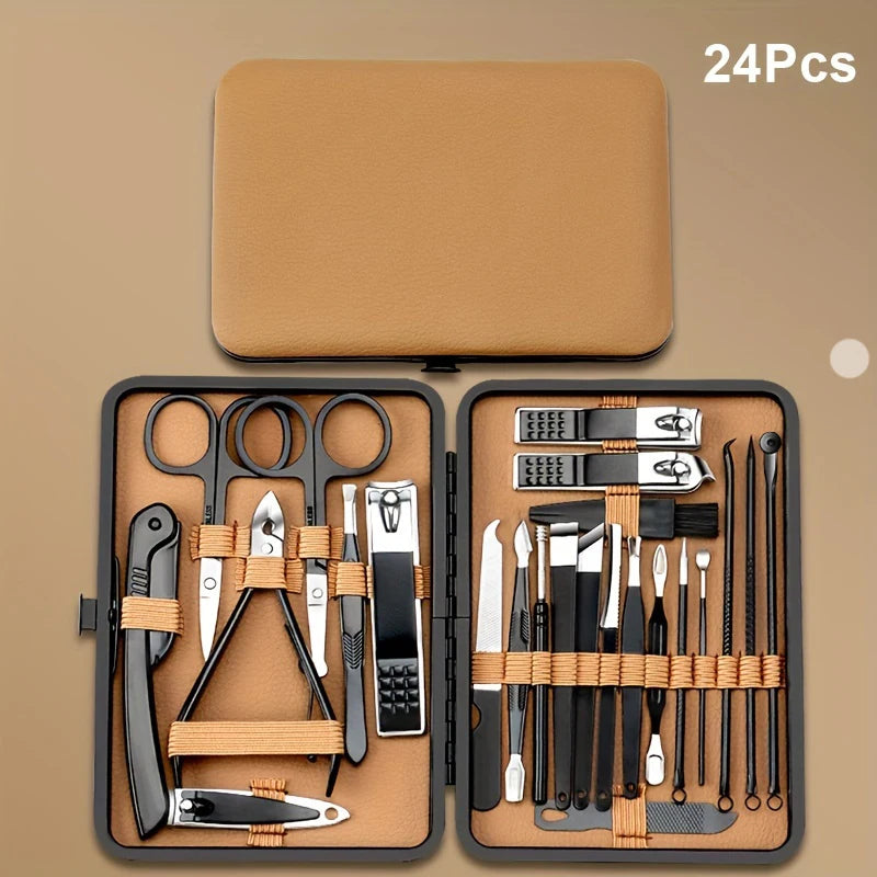 Manicure Grooming Set with Stainless Steel Tool and PU Case References, 24pcs Black-Brown Option for Adult Personal Nail Trimming and Pedicure Care