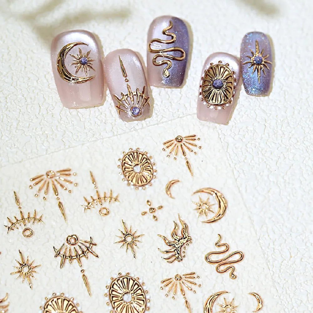 Snake and Moon Nail Art Stickers, Gold and Silver 5D Self-Adhesive Star Decals with Bronzing-Style Details for DIY Manicures and Nail Decoration