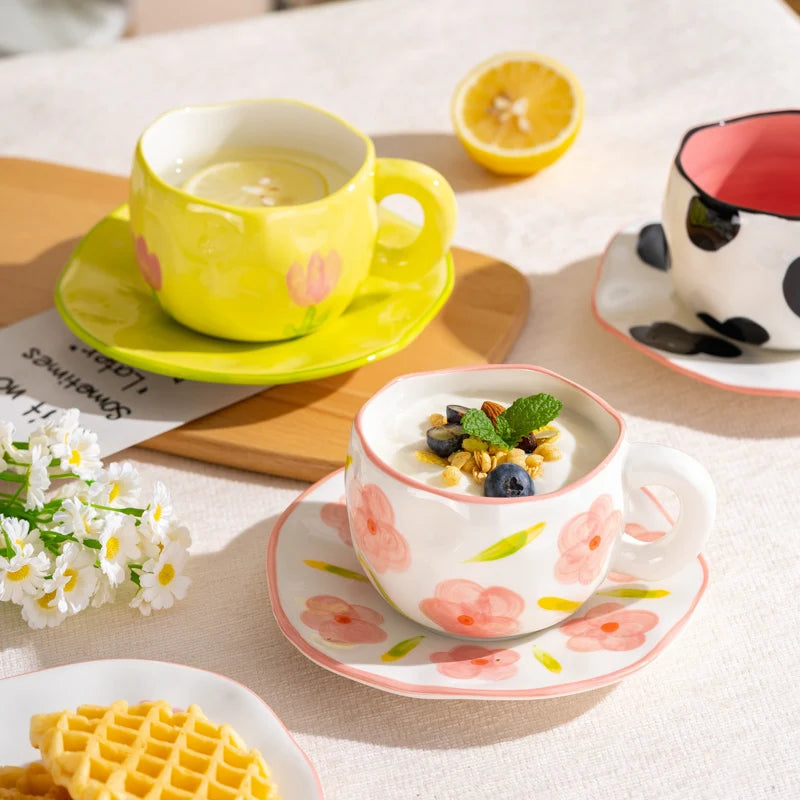 Hand-Painted Ceramic Mug with Irregular Korean-Style Shape and Floral, Heart or Playful Pattern Options for Breakfast Coffee and Afternoon Tea, Cup Only