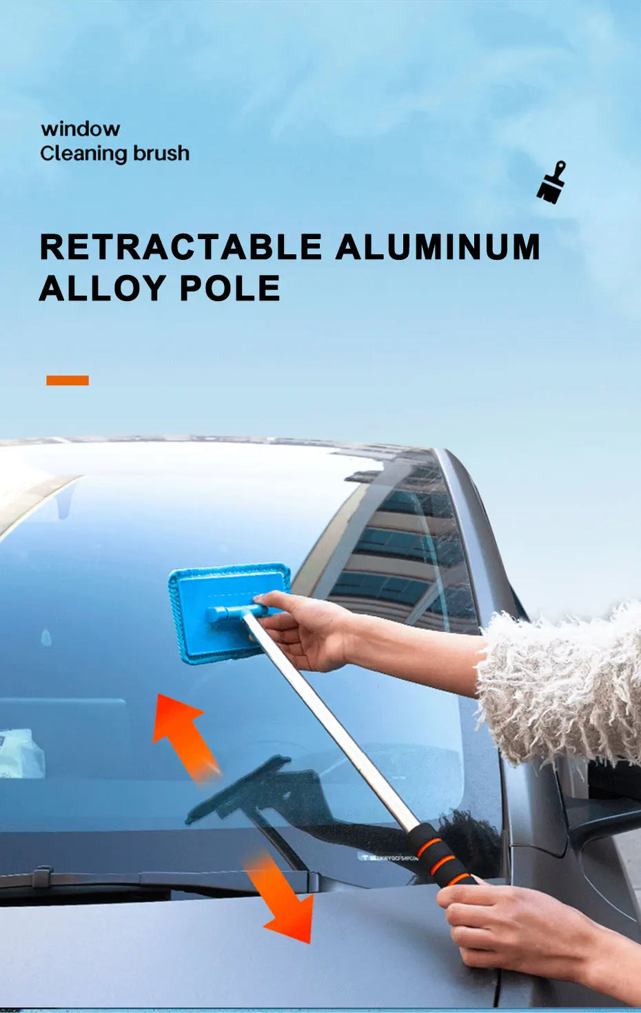 Telescopic Windshield Cleaning Brush by SEAMETAL, 32–50.5cm Adjustable Aluminum-Alloy Handle for Manual Car Glass Wiping in Black, Orange or Blue