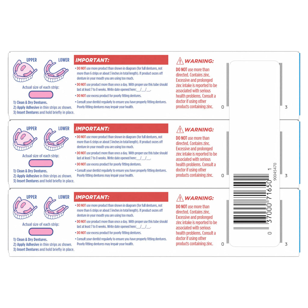 Thermoplastic Denture Adhesive with Listed Zinc-Free Formula and Cushioning Wording, Single-Piece and Promotional Pack Options for Adult Denture Care