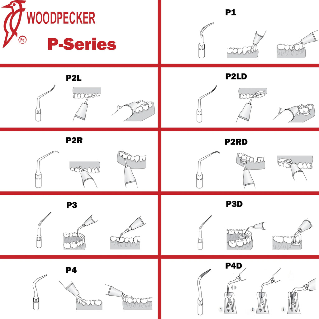 Ultrasonic Scaler Handpiece and Tip Options by Woodpecker, HW-5L LED Handpiece or P, E and G Series Tips for Compatible Dental Equipment