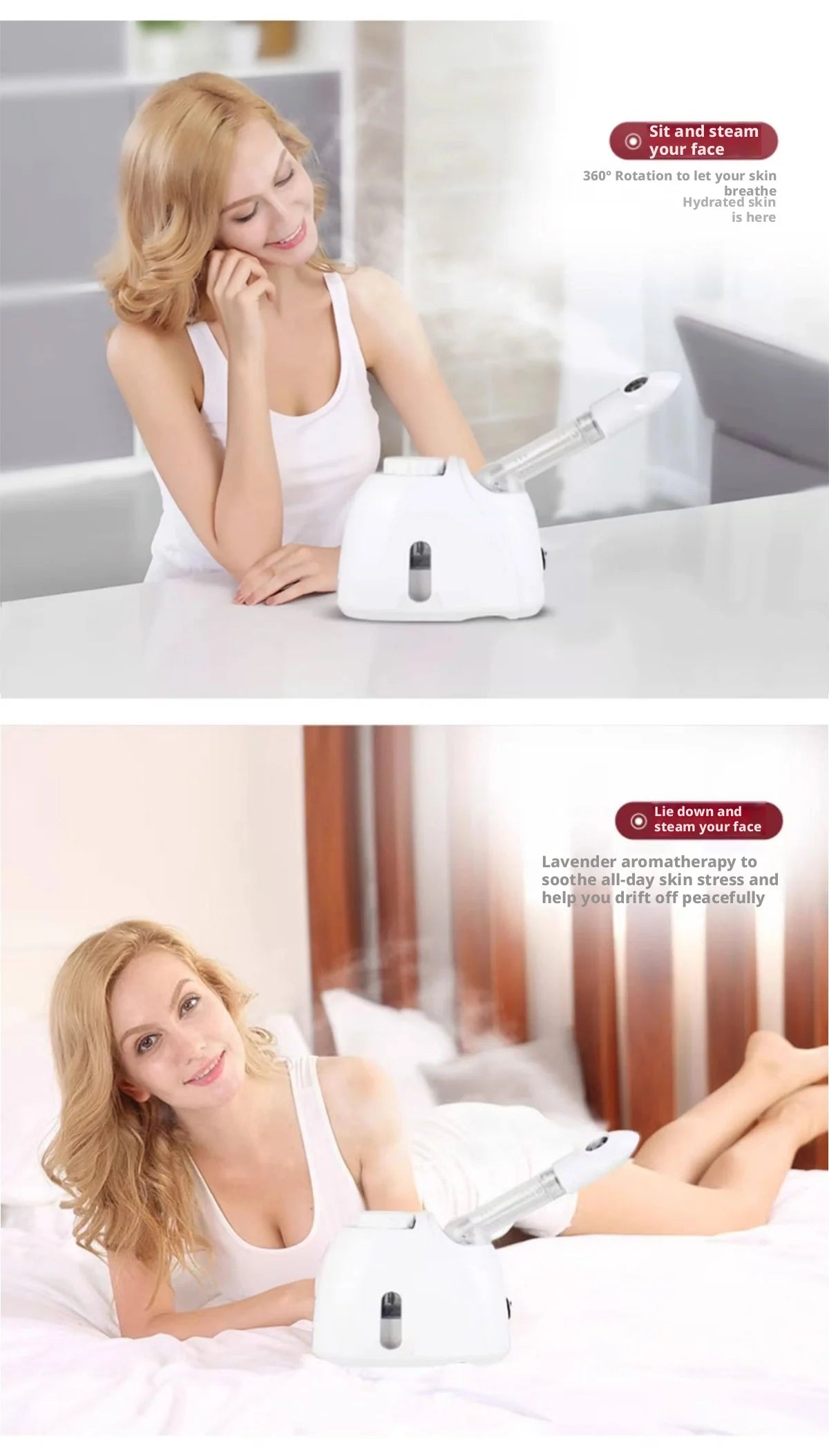 Rotating-Outlet Facial Steamer in White, 100ml Hot Steam Device with Extended Arm and Aroma Compartment for Home Beauty Routines, US or EU Options