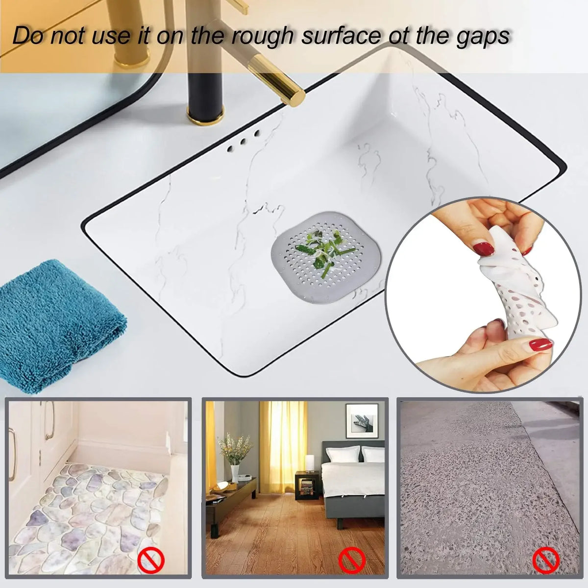 Shower Drain Hair Catcher, Square Silicone Drain Strainer with Suction Cups for Flat Shower, Bathtub and Kitchen Sink Surfaces, White, Gray or Black