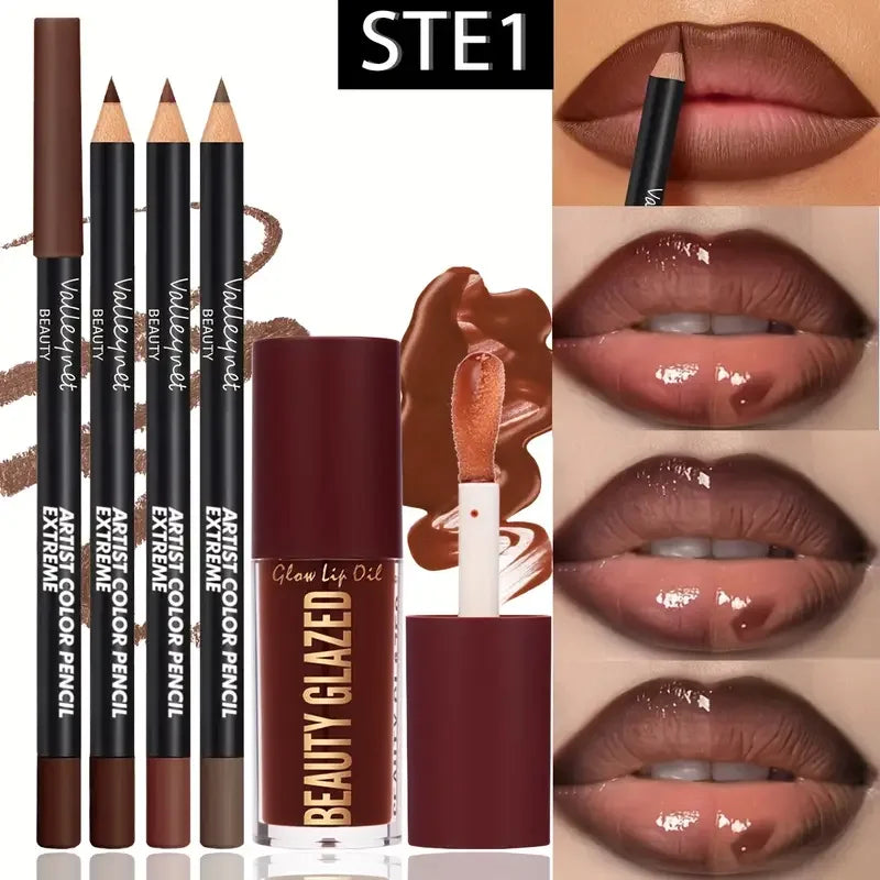 Lip Liner and Glaze Set with Three Liners and One Lip Glaze, Four-Piece Lip Makeup Kit in Three Numbered Options for Everyday Outlining and Evening Looks
