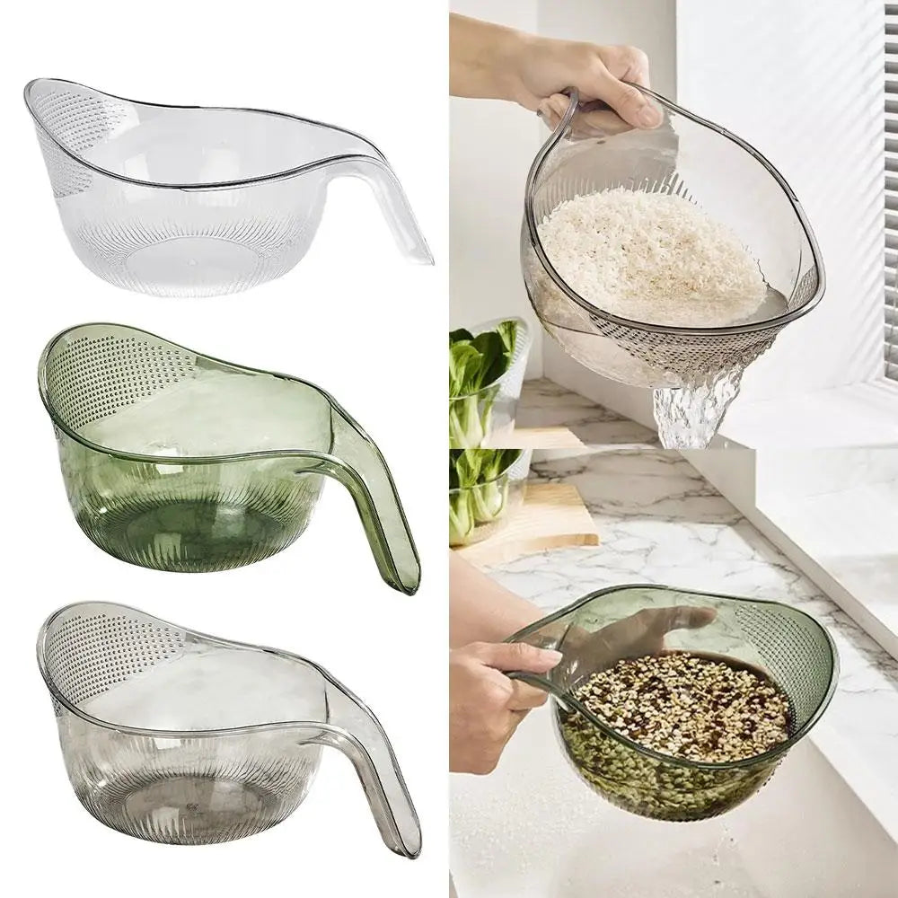 PET Rice Washing Bowl, Side-Draining Kitchen Colander with Handle and Small Bowl Reference, Listed 198 x 293 x 130mm Size in White, Green or Grey