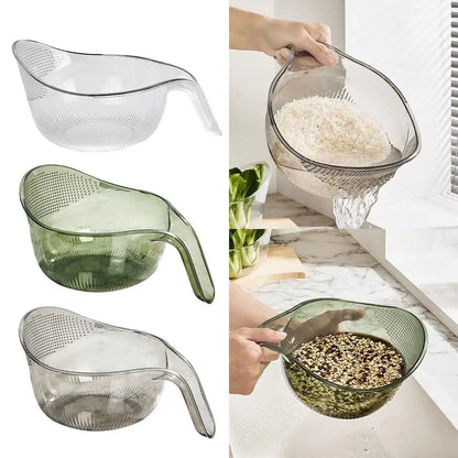 PET Rice Washing Bowl, Side-Draining Kitchen Colander with Handle and Small Bowl Reference, Listed 198 x 293 x 130mm Size in White, Green or Grey