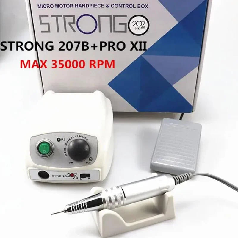 Electric Manicure Drill Kit with Listed 65W Power and 50,000 RPM Maximum, Handpiece, Foot Switch and Six Bits, 207 PRO 105LN or 207 SILVER Options
