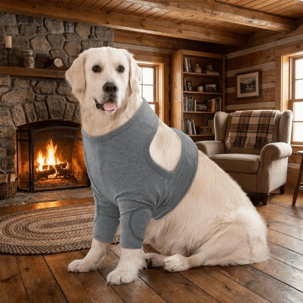 Dog Leg Sleeve in Grey Polyester, Single Stretch Fabric Pet Leg Cover with Six Size Options from S to 3XL and Chest, Neck and Sleeve Measurement Guide