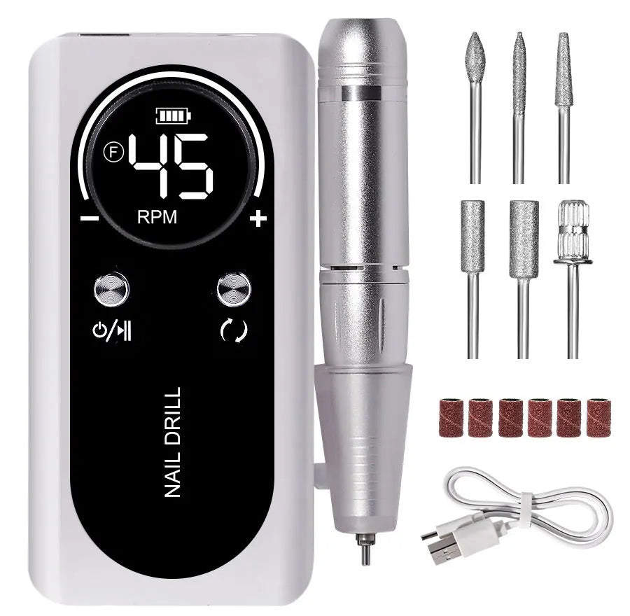 Portable Nail Drill V2 with Listed 45,000 RPM Adjustable Speed, 1800mAh Rechargeable Battery, LCD Display and Six Bits for Acrylic and Gel Manicures